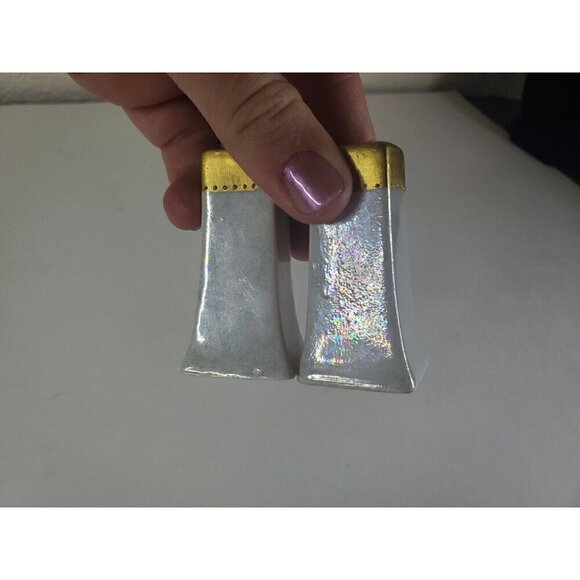 Antique Salt And Pepper Shakers Iridescent 1921 Signed M. Evans 2" tall No Corks - Picture 8 of 8